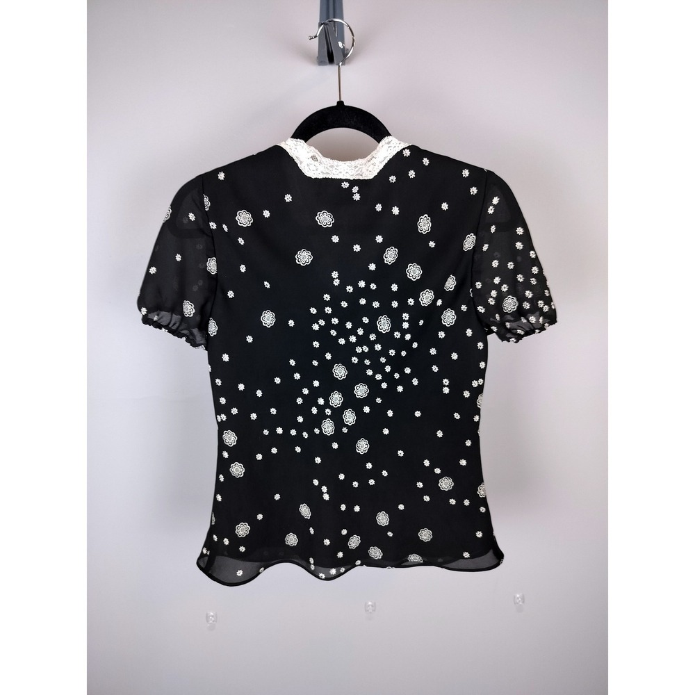 Jacques Vert Lace Trim Chiffon Floral Blouse Black White Puff Sleeve Top - Picture 3 of 7